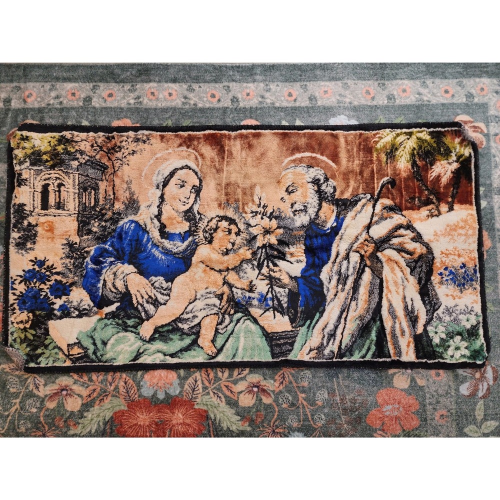 Vintage Holy Family Velvet Tapestry Wall Hanging Religious Art Velour Rug Jesus